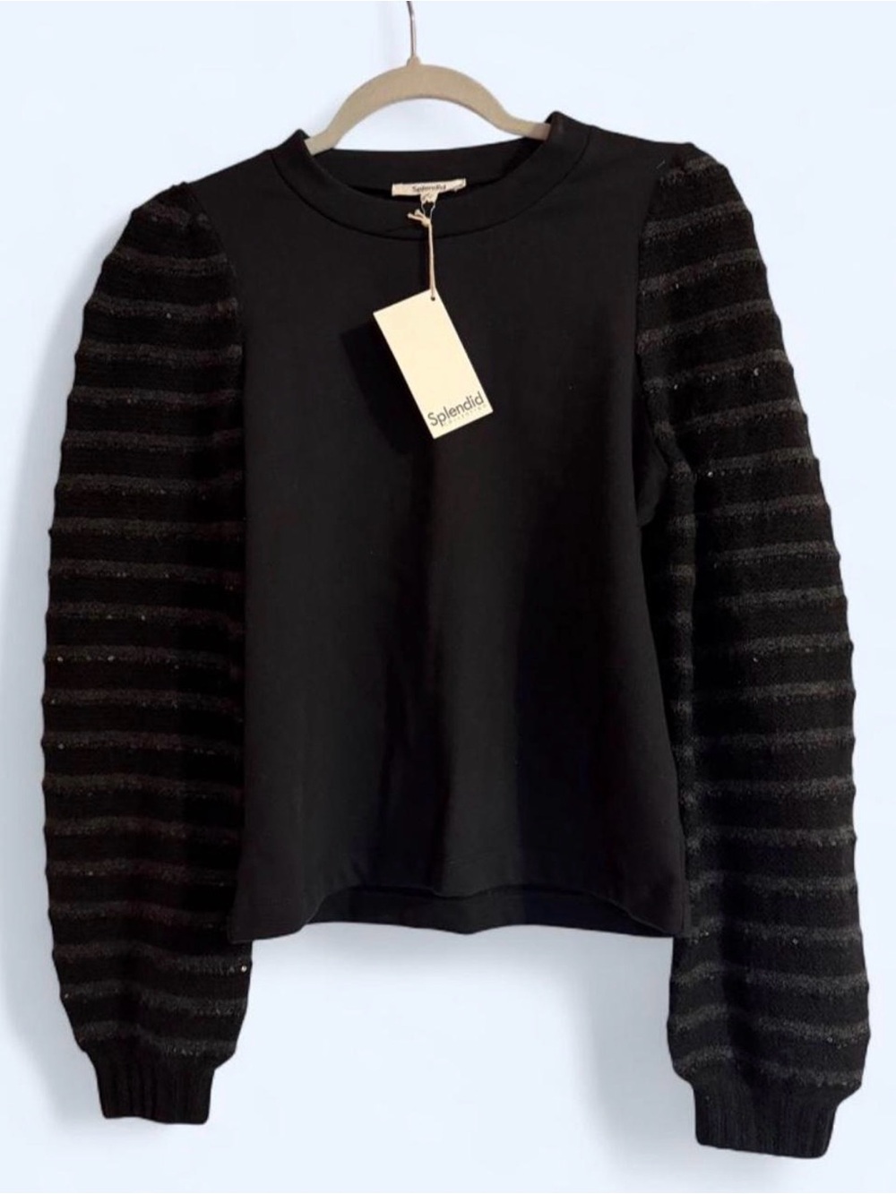 Splendid Black Textured Puff-Sleeve Sweatshirt